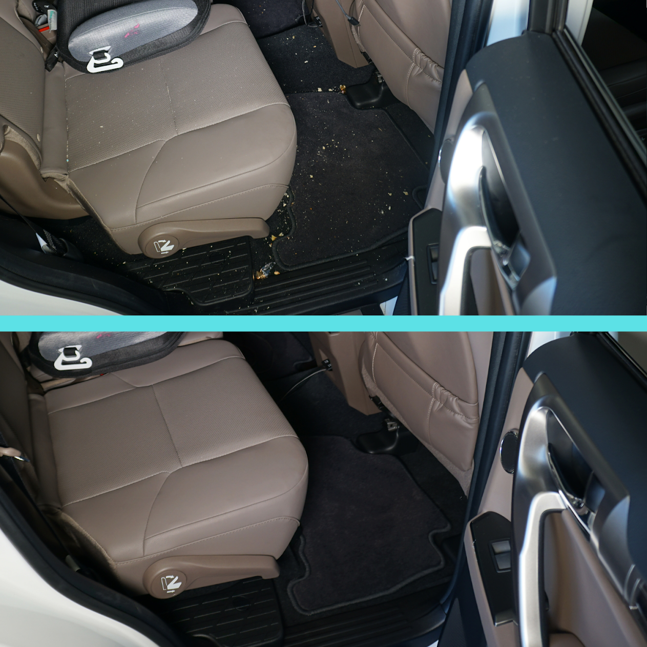 before and after comparison of car rear seat interior of being detailed clean