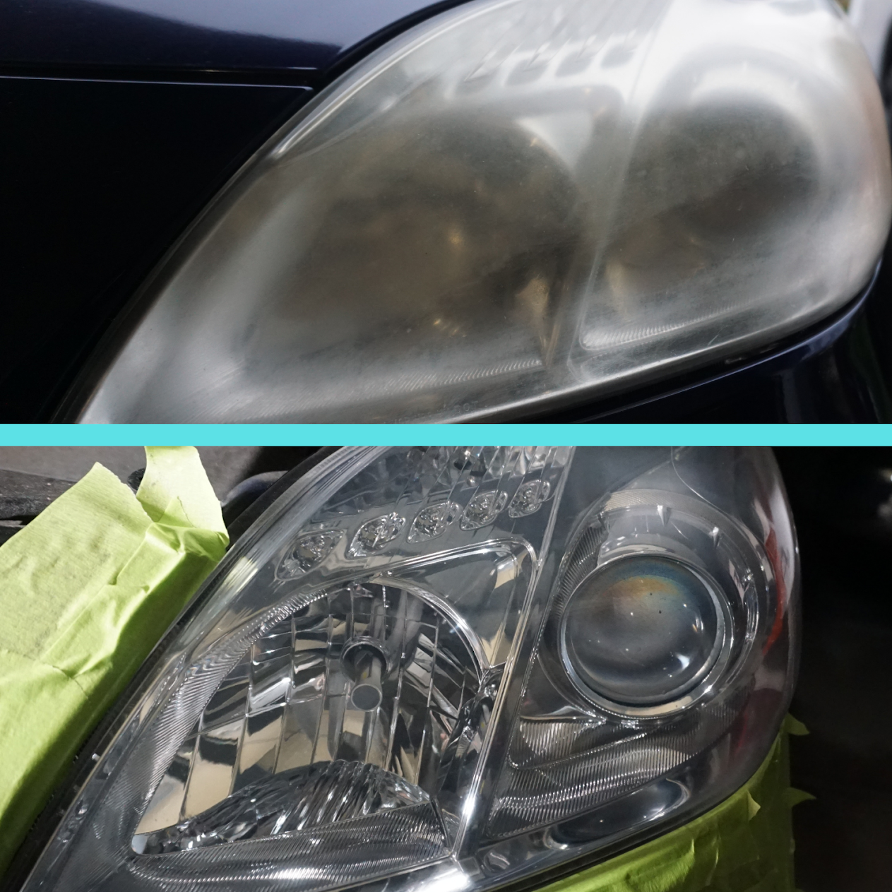 another before and after comparison of a car headlight that was restored from yellow back to clear