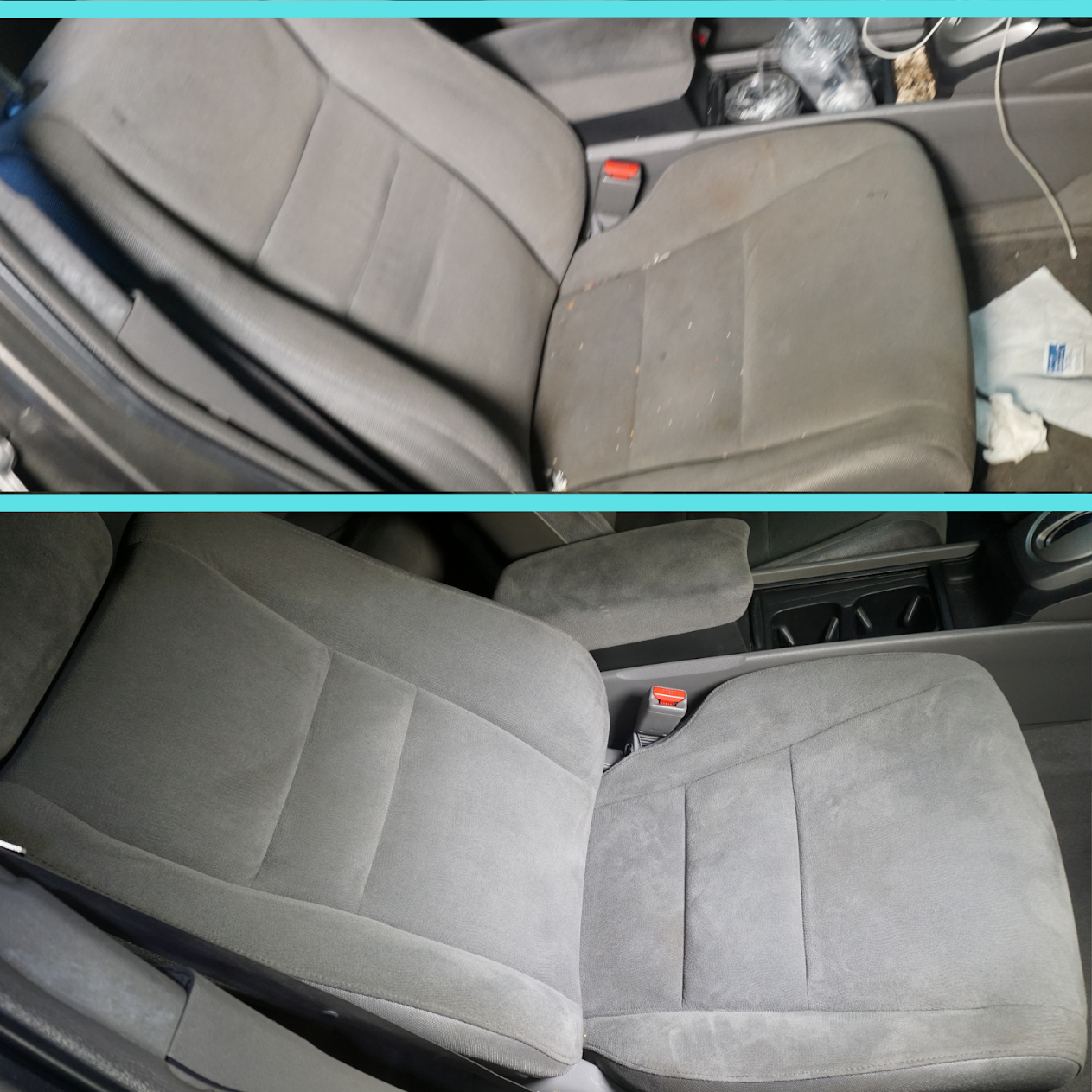 before and after comparison of car seat that was detailed clean