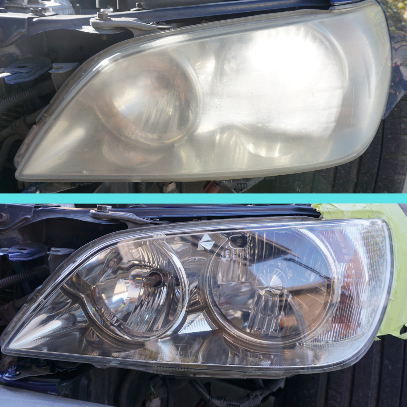 before and after comparison of a car headlight that was restored from yellow back to clear