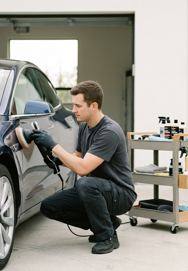 car detailer polishing car door