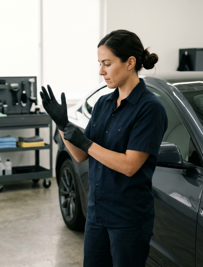 car detailer putting on a glove