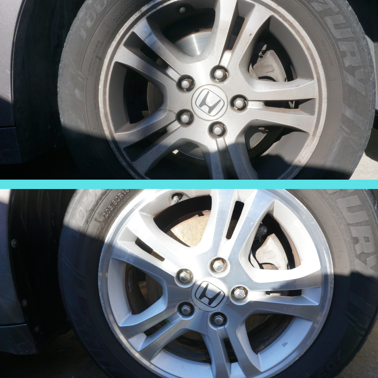 before and after comparison of a car rim and wheel that was detailed clean