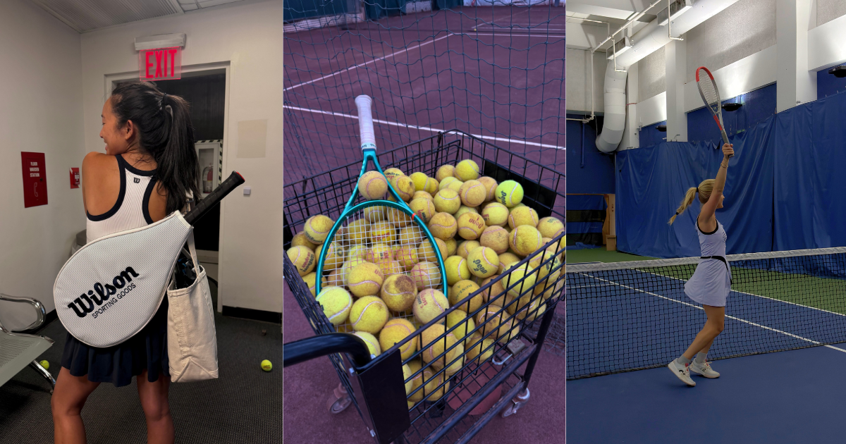 A girl with a tennis racket bag stands near an exit door, a basket filled with tennis balls and rackets on a tennis court, and another girl playing tennis indoors.
