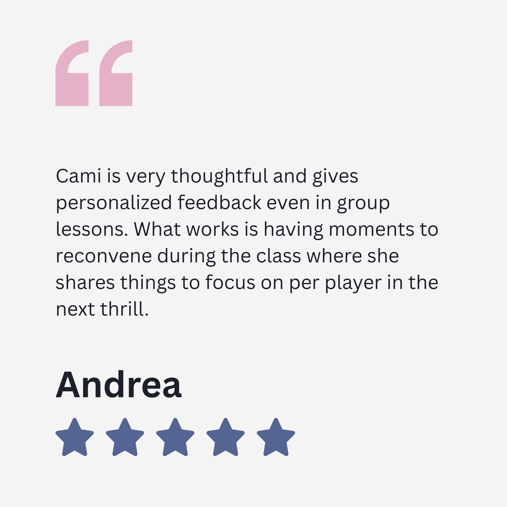 A digital graphic showing a testimonial quote, a name, a five-star rating, and a partially visible name 'Andrea'