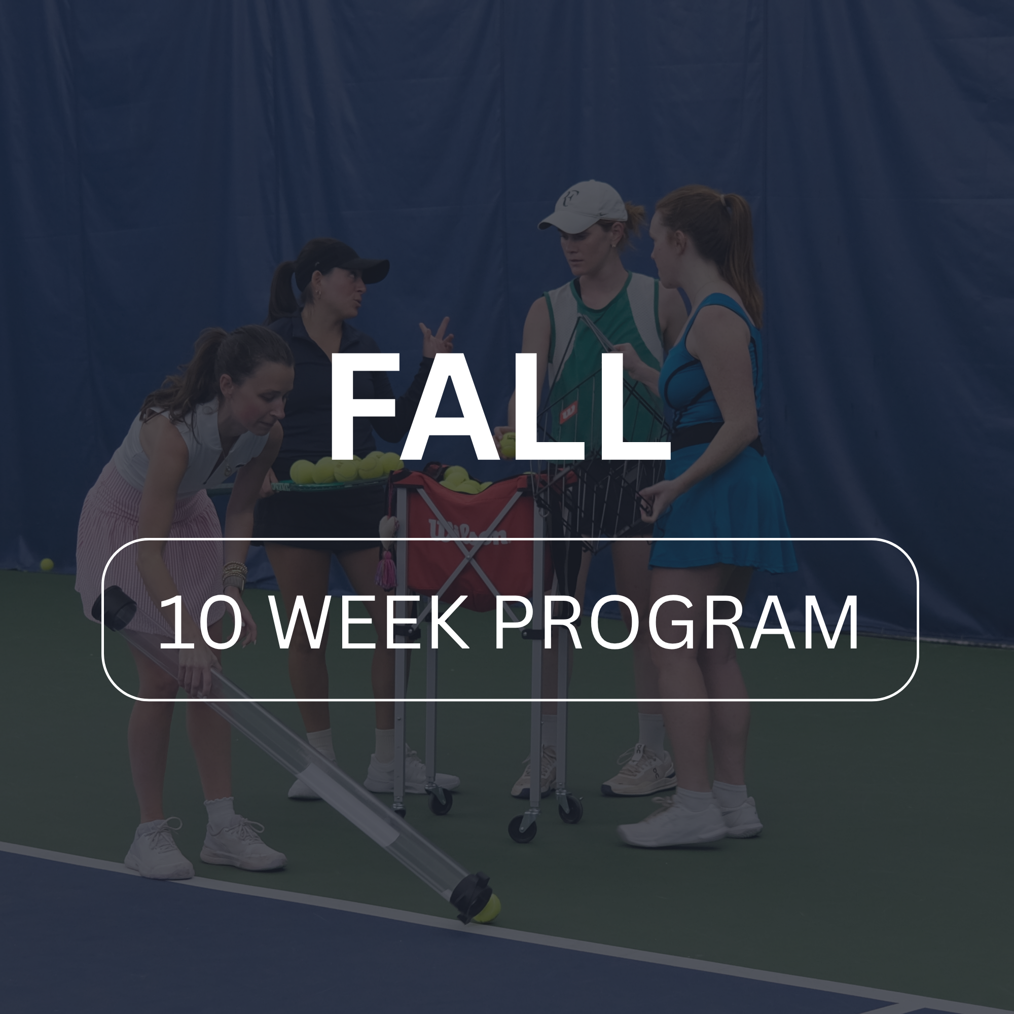 A group of women on a tennis court gathered around a cart filled with tennis balls, preparing for practice or a match, with a blue background.