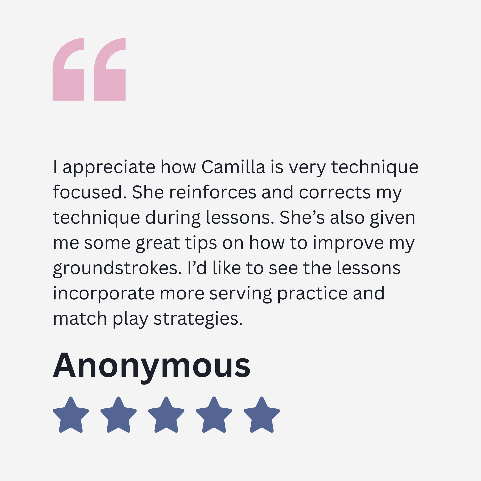 Star rating graphic with five filled stars and one empty star, with a quote about Camilla's technique and coaching techniques.