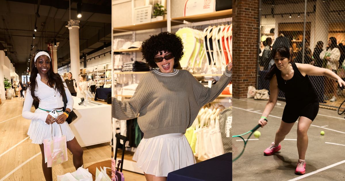 Three women in different settings: one in a retail store smiling with shopping bags, another inside a clothing store with sunglasses and a wide smile, and the third playing tennis on an indoor court.
