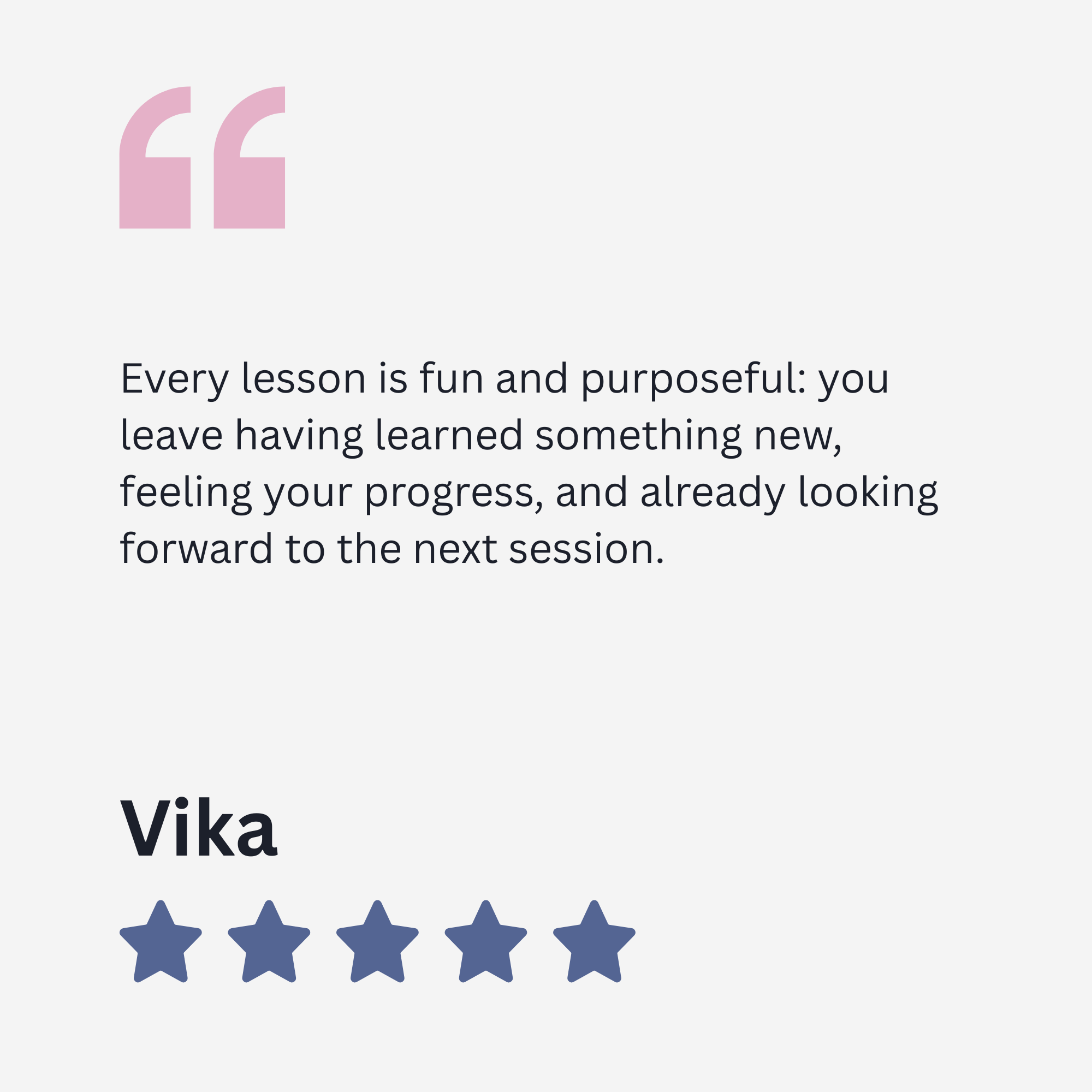 A digital review or rating graphic displaying five blue stars, the name 'Vika', and some text indicating a positive review or rating.