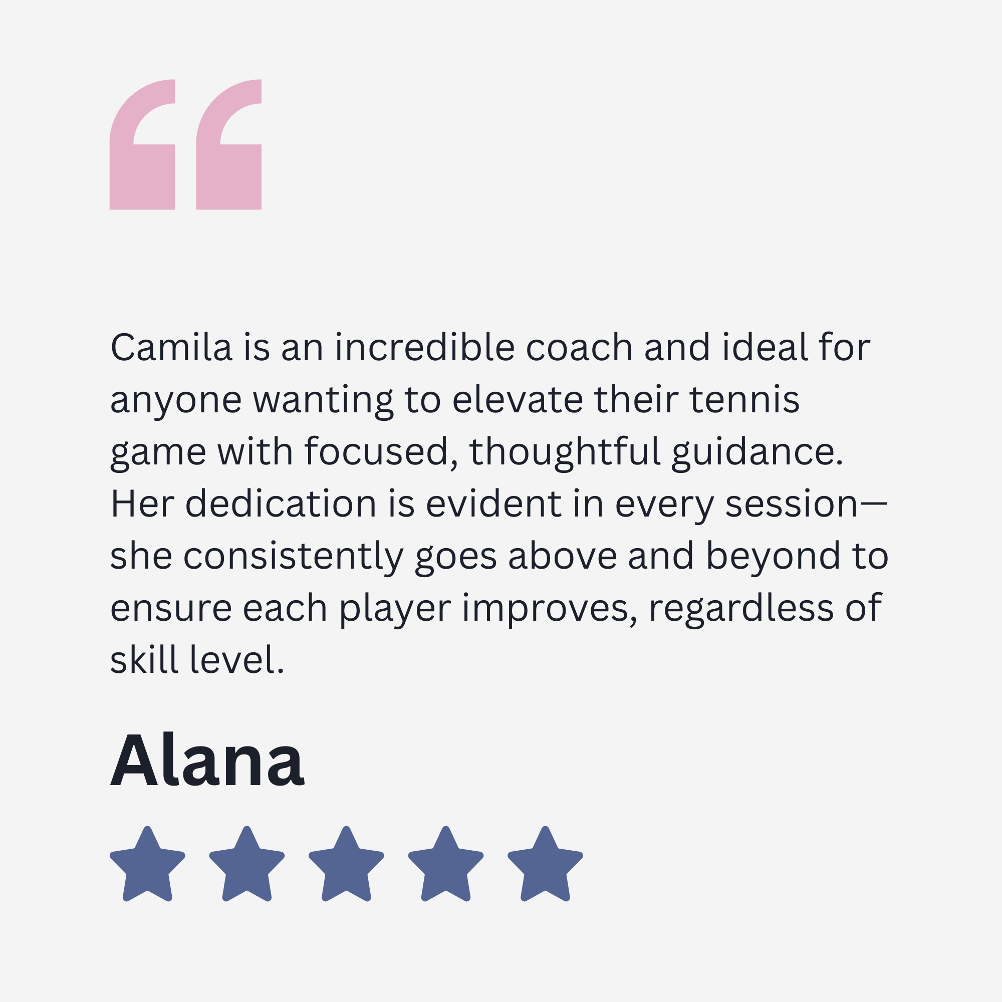 A digital badge or certification graphic featuring five blue stars at the bottom, the name 'Alana' in bold black letters, and a quote about Camila being an excellent coach with focused guidance.