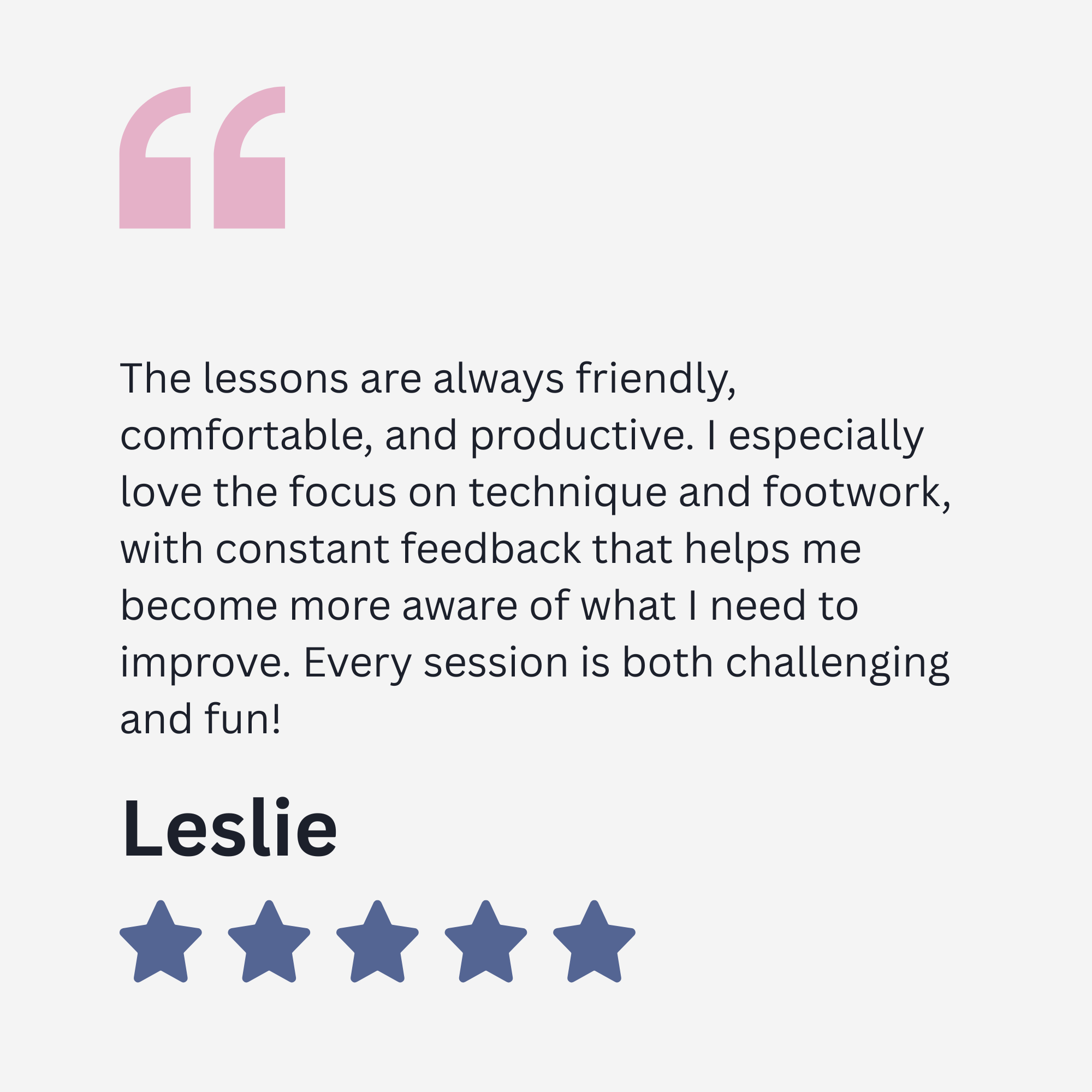 A graphic with pink quotation marks, black text, blue stars, and a light grey background featuring a quote about learning and improvement.