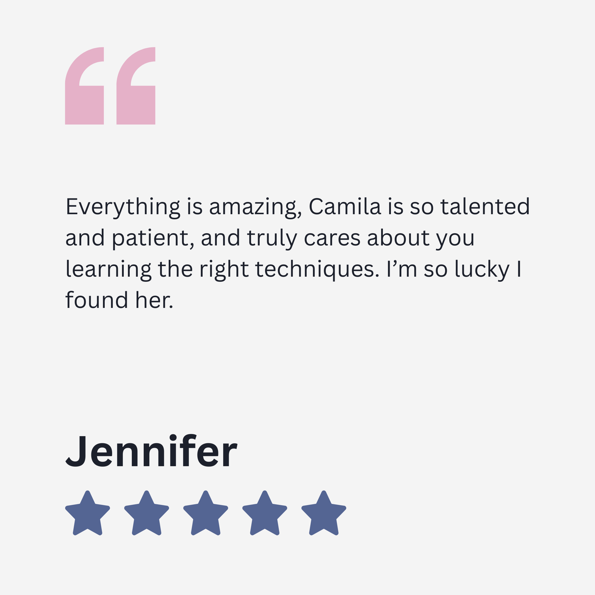 A digital review or testimonial graphic with purple quotation marks at the top left, black text praising Jennifer's talent, patience, and caring nature, and a row of five blue stars indicating a 5-star rating.
