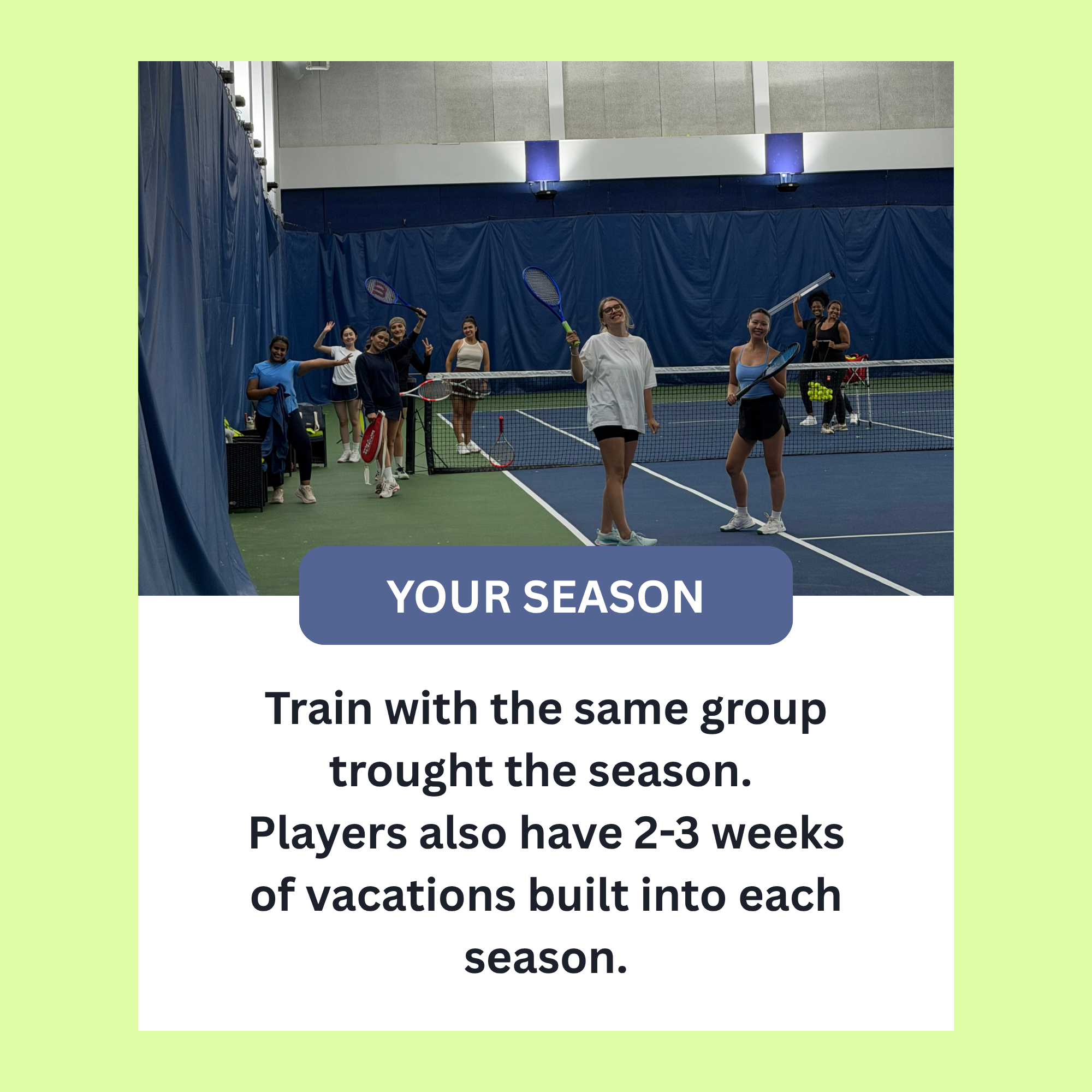 A group of women standing on an indoor tennis court, holding tennis rackets, with tennis balls and sports gear nearby, smiling and waving at the camera.