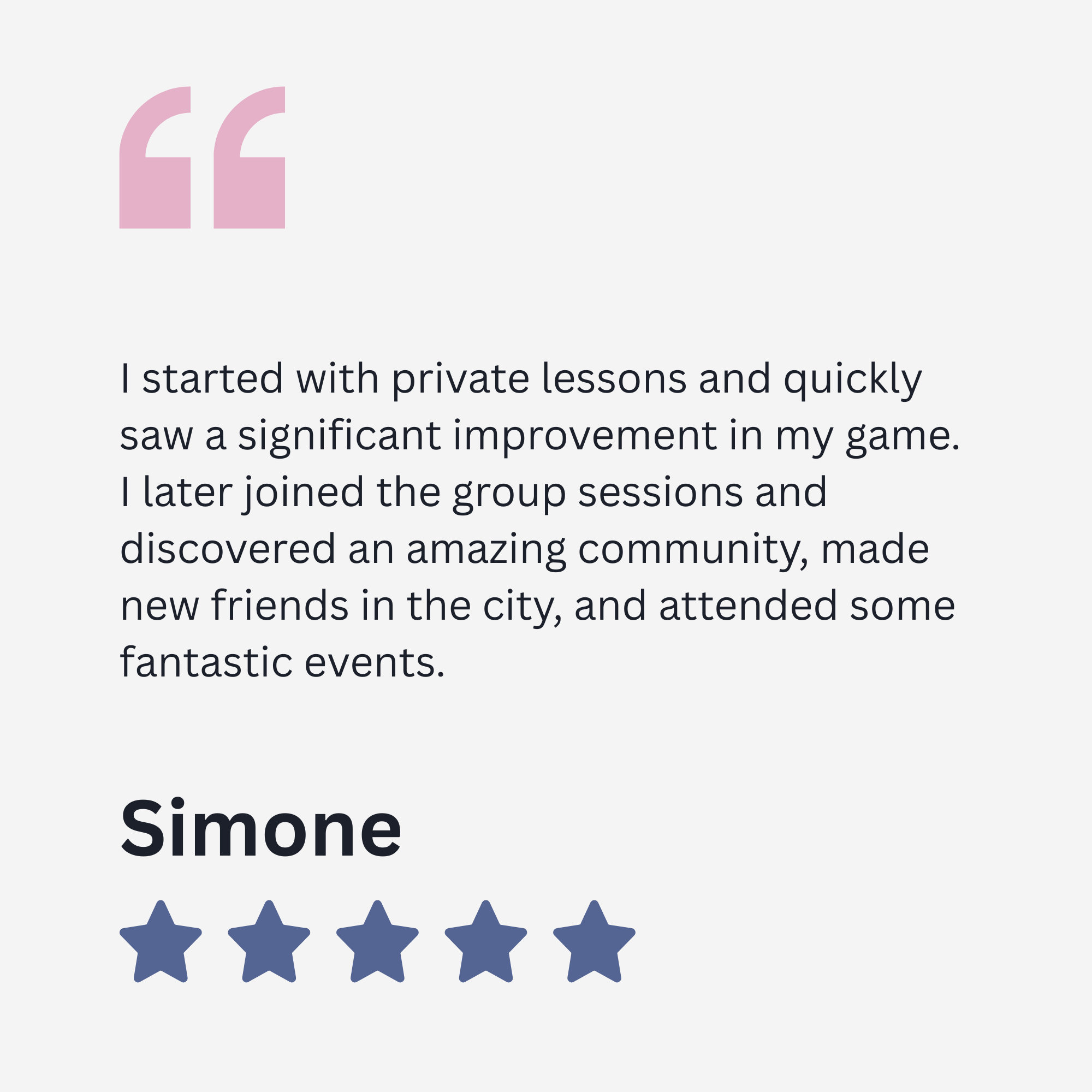 A digital review with five navy blue stars indicating a 5-star rating, and text that says 'Since Simone'.