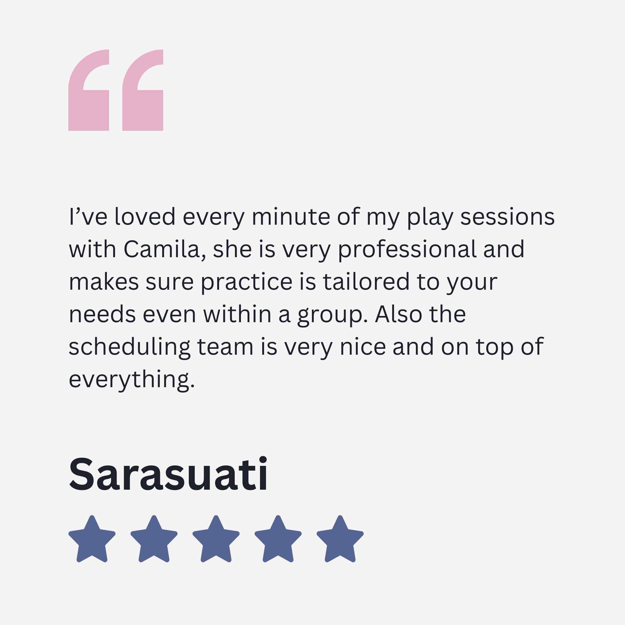 A digital award badge featuring a five-star rating, the name Sarasuat, and a quote about a positive experience with Camila