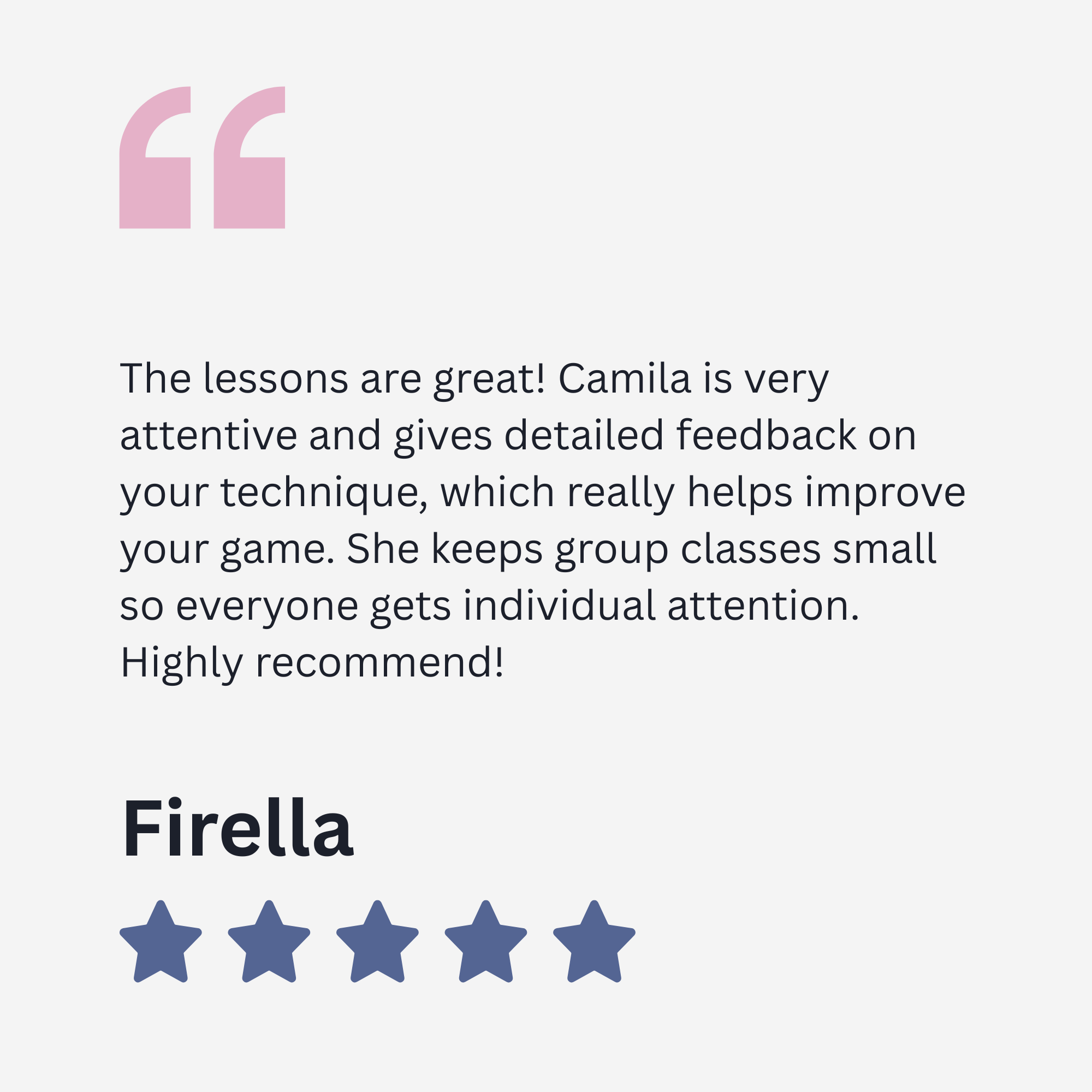 A digital review score with five blue stars and the text 'Firella' beneath them, indicating a high rating.