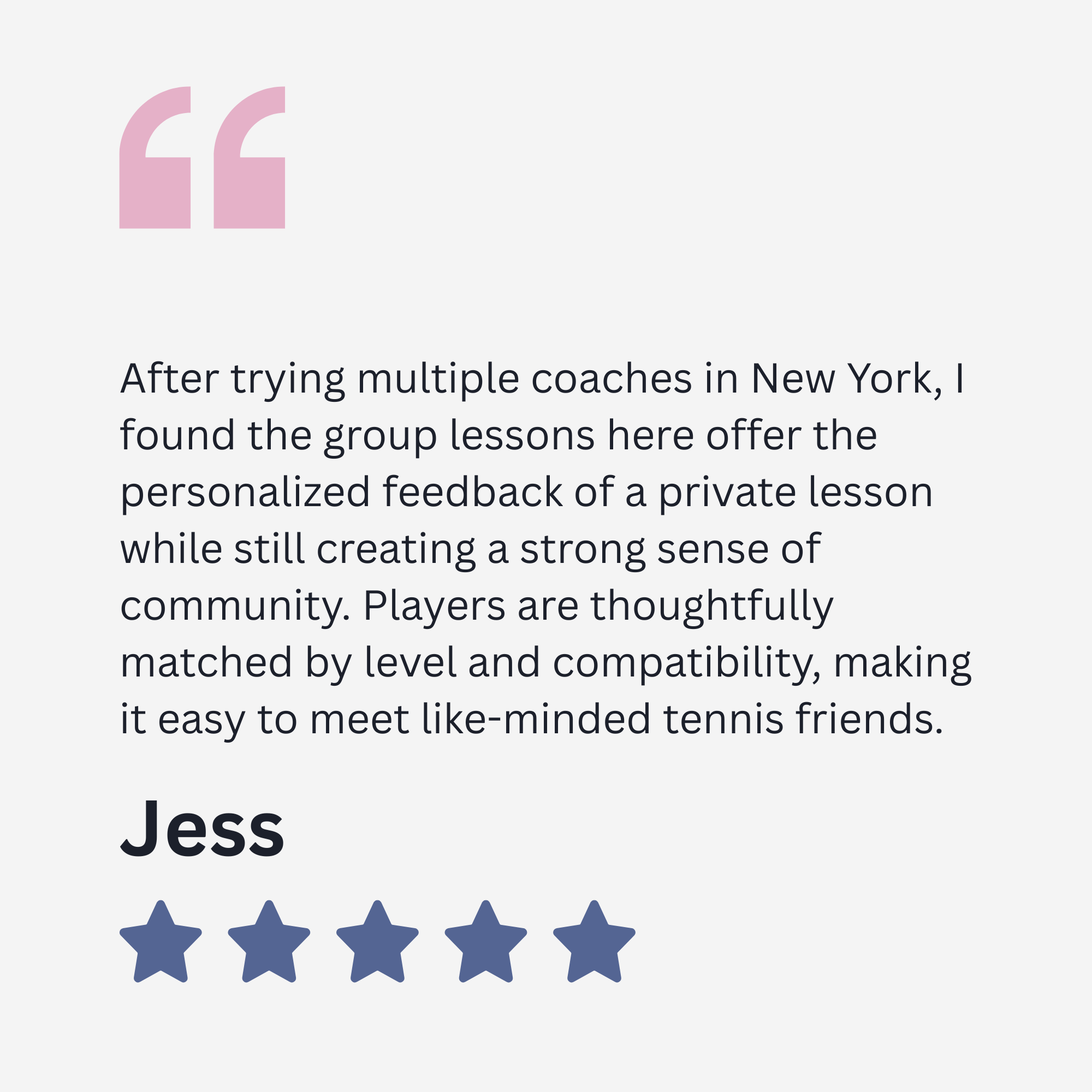 A digital badge featuring a five-star rating with blue stars, personalized feedback text, and a quote in pink quotation marks.
