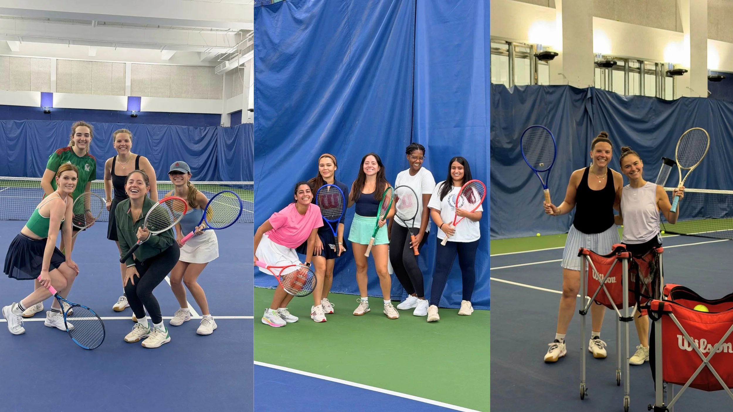Collage of three women playing tennis and group of women posing with tennis rackets on indoor tennis courts.
