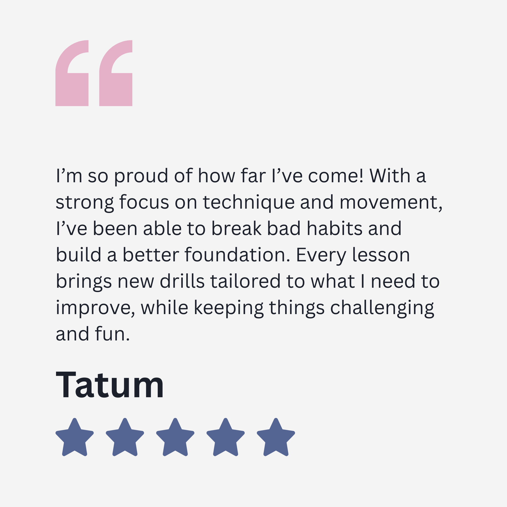 A certificate featuring the name Tatum with a five-star rating below, decorated with blue stars.