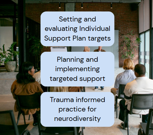 A group of people attending a presentation or workshop in a modern conference room with large windows, plants, and a speaker at the front showing slides about support plans, targeted support, and neurodiversity.