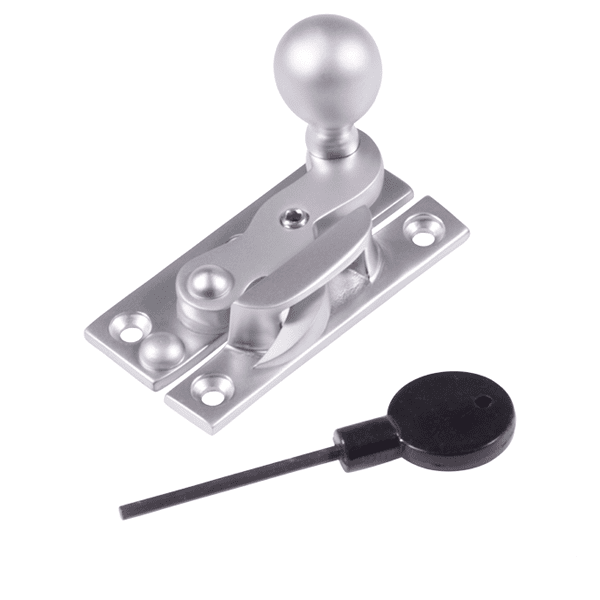 Silver latch mechanism with a handle and a black key.