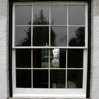 A large window with multiple panes, showing reflections of trees and overcast sky.