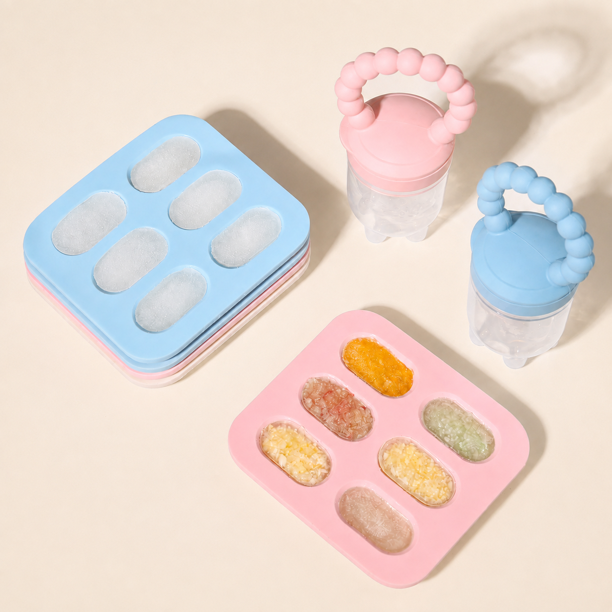 Colorful ice cube trays with baby rattle cups on a light surface.