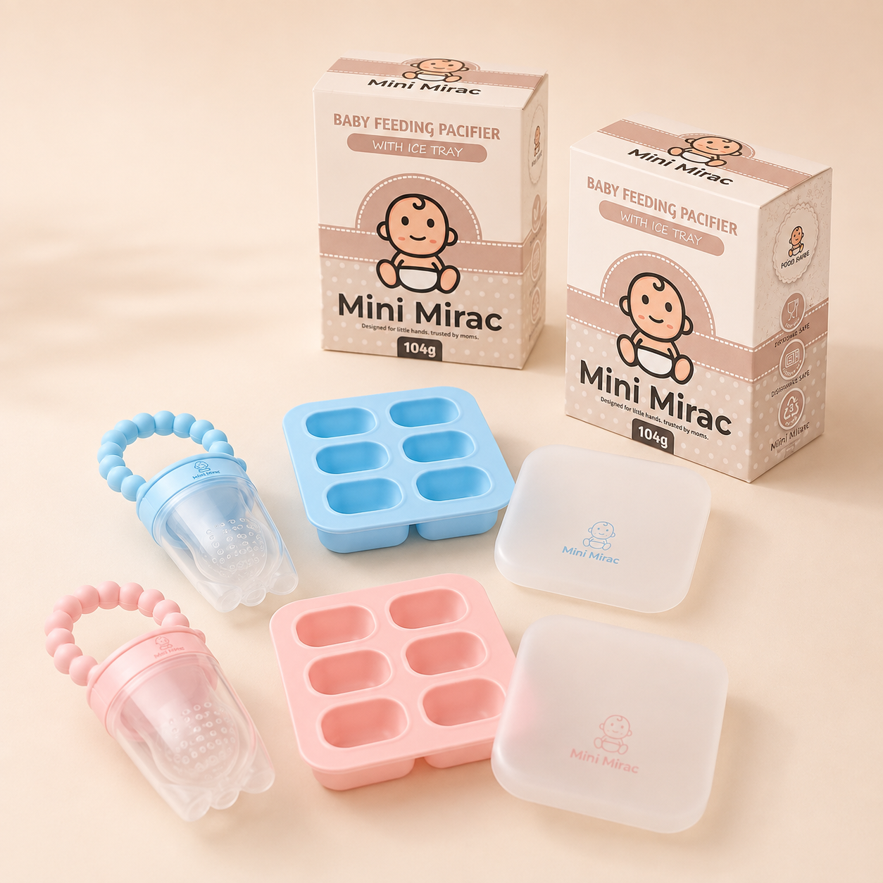 Baby feeding pacifier set including two boxes, two silicone ice trays in pink and blue, two transparent containers with silicone handles, and two small square lids, all on a light beige background.