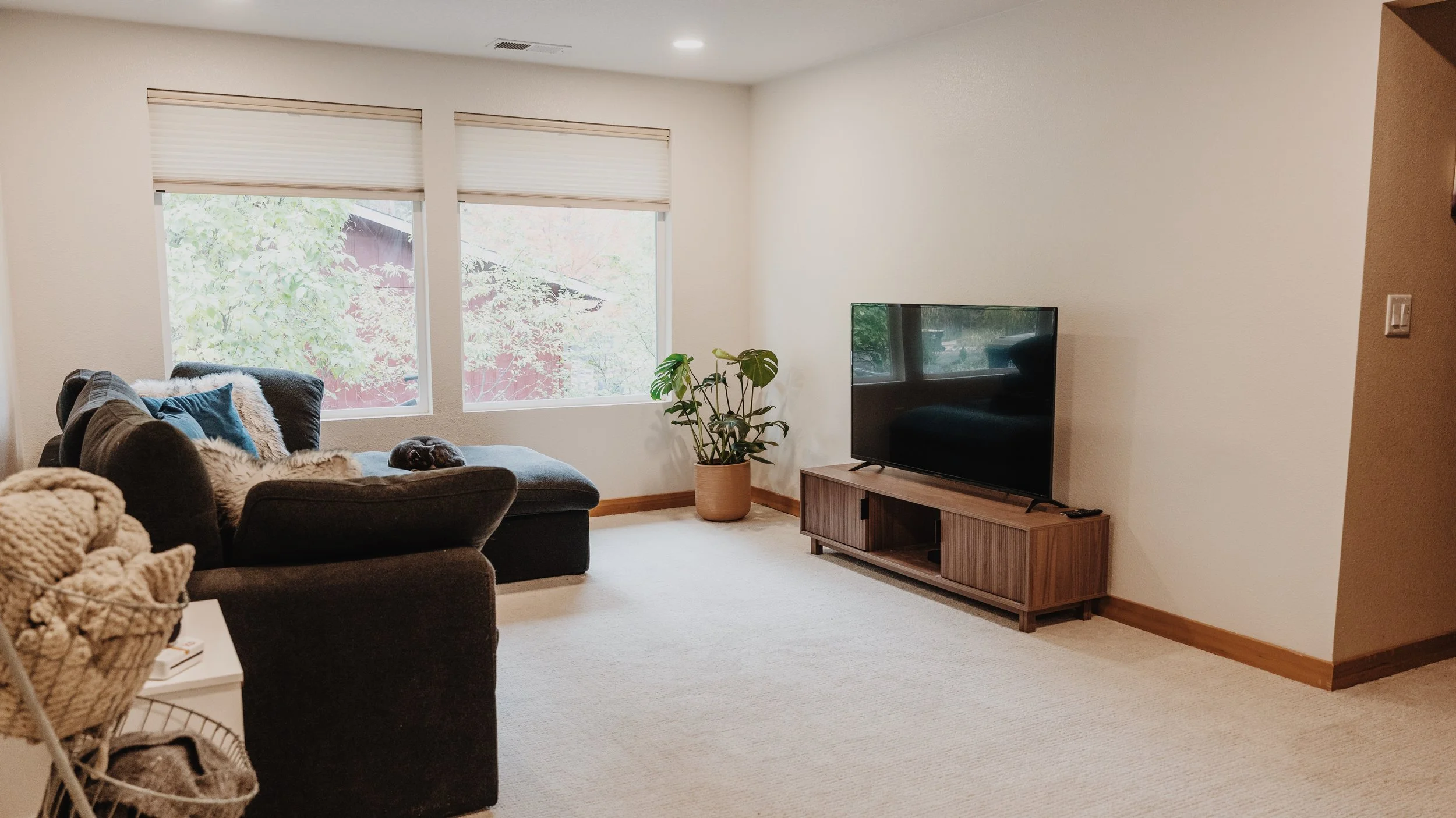 Living room with a black couch, a TV on a wooden stand, a potted plant, and windows with blinds, sunlight coming through.