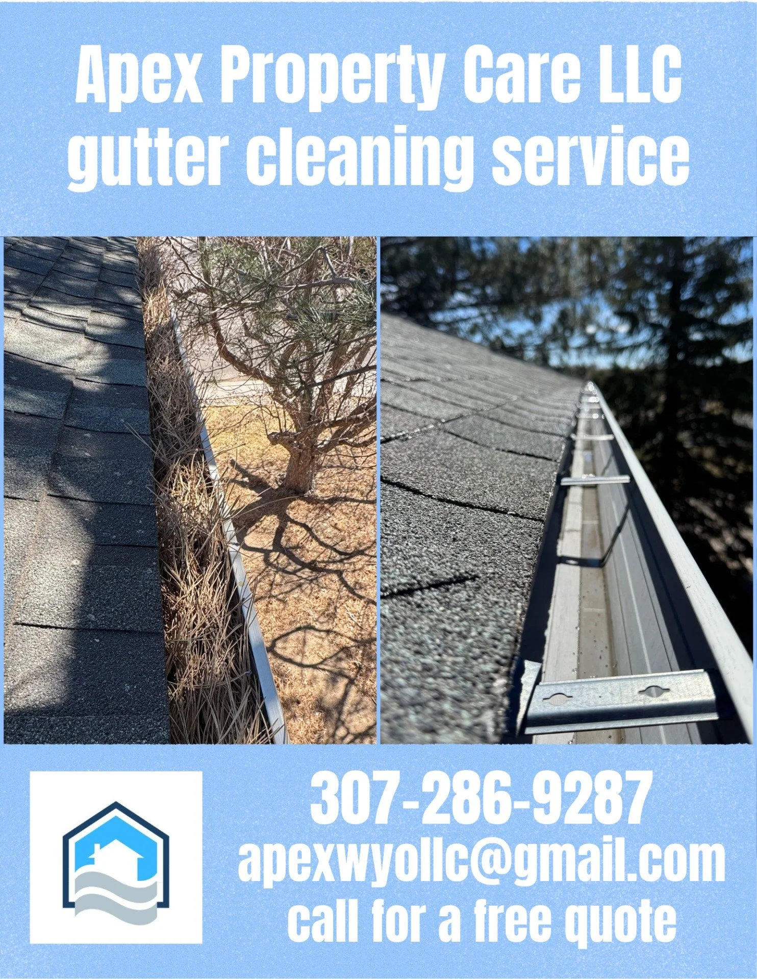 Apex Property Care LLC gutter cleaning before and after flyer, Cheyenne, WY