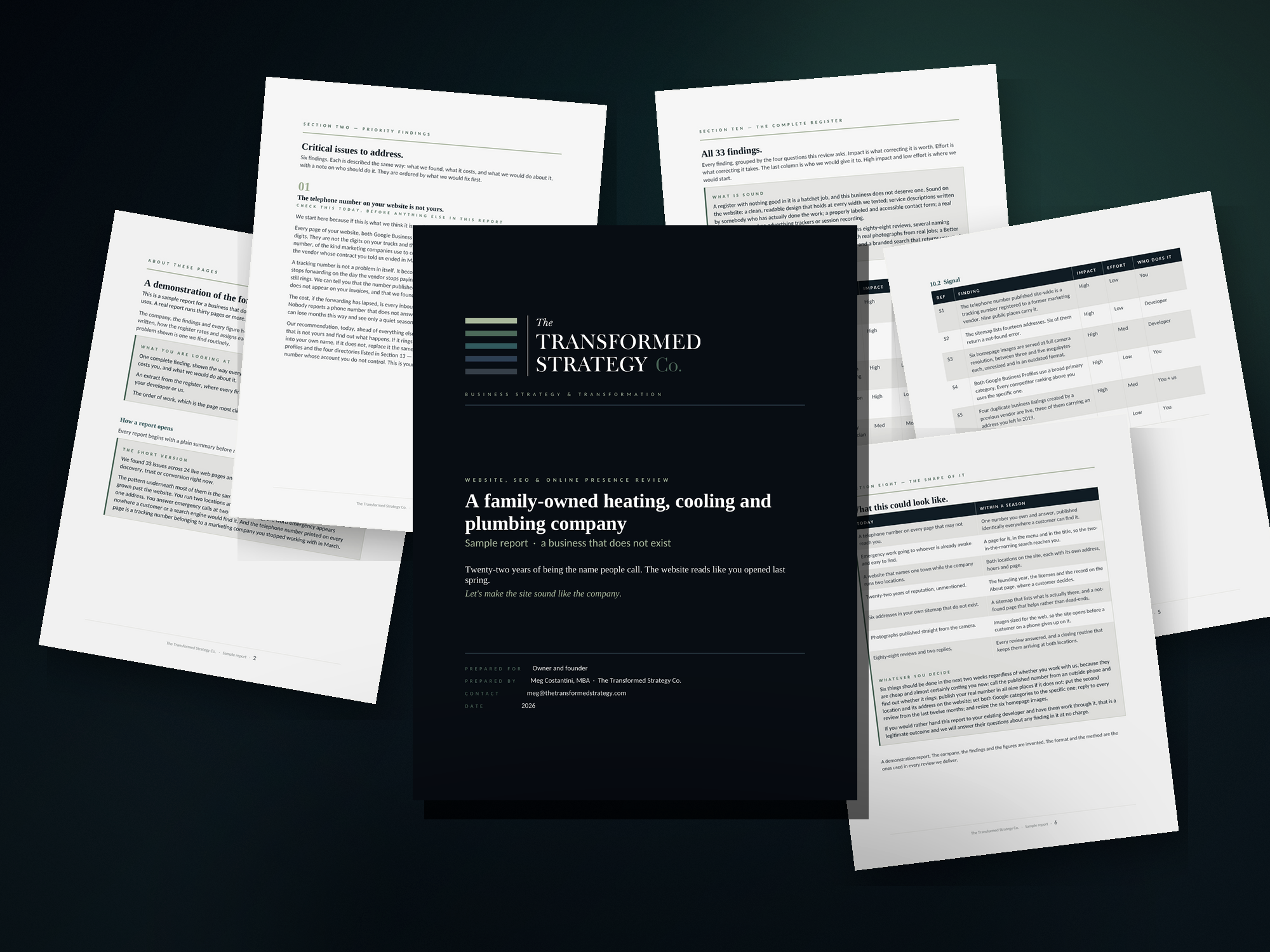 A composite of several pages from a business strategy report titled "The Transformed Strategy Co." with a dark background. The cover page features the company's name, a tagline about heating, cooling, and plumbing services, and details about the owner, contact, and date. The other pages show sections with headers, numbered points, tables, and detailed text in black, green, and white fonts.