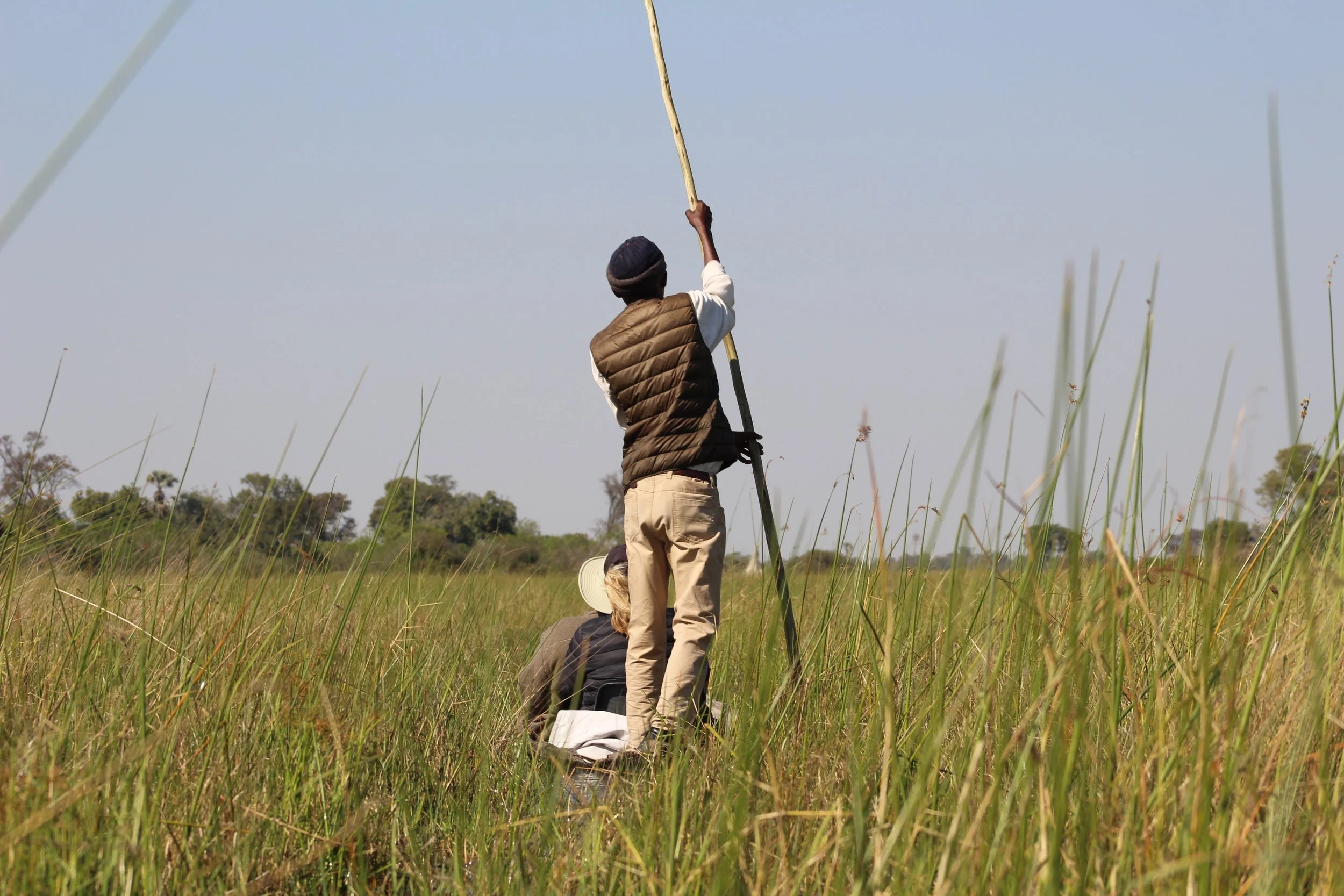 A guide poling a mokoro with two guests through the waters of the Okavango Delta