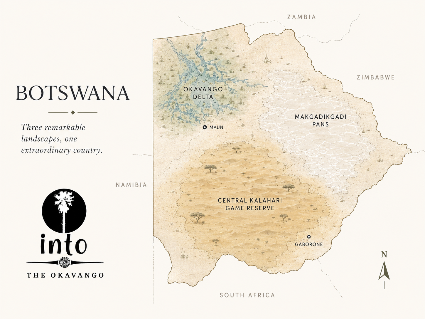 Map of Botswana highlighting the location of the Okavango Delta, the Makgadikgadi Salt Pans, and the Central Kalahari Game Reserve