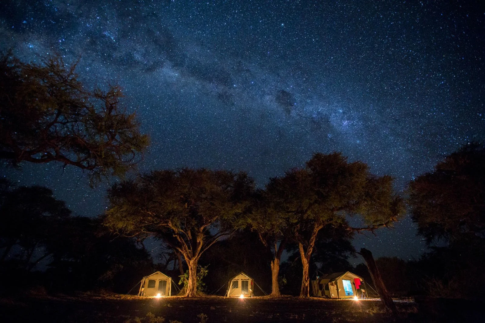 Three mobile safari tents underneath the Milky Way in a starlit sky in the Okavango Delta