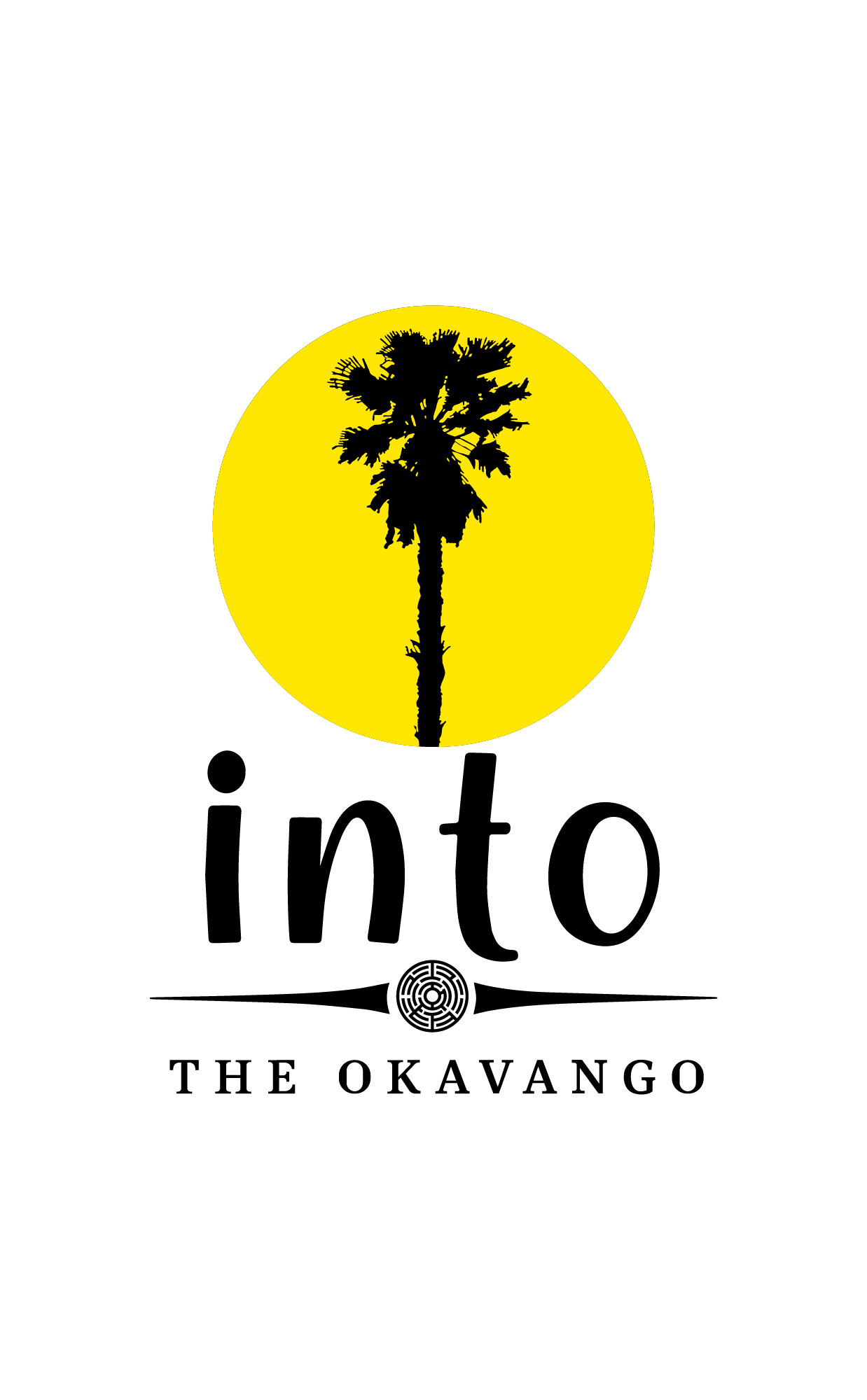 Full logo for Into the Okavango, featuring a mokolwane palm tree silhouetted against a setting sun alongside the company name text.