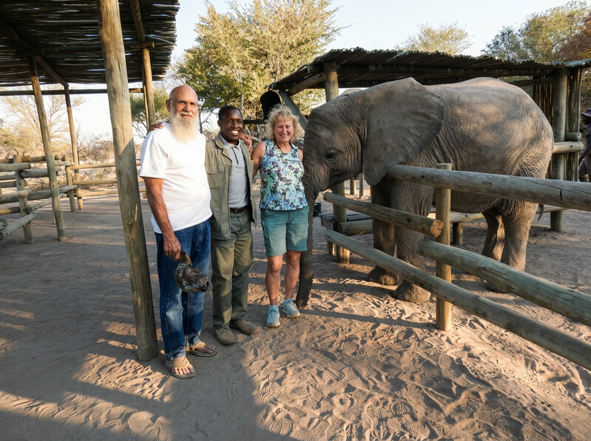 Two safari guests smiling alongside a local guide and an elephant handler at Elephant Havens sanctuary near Maun, Botswana