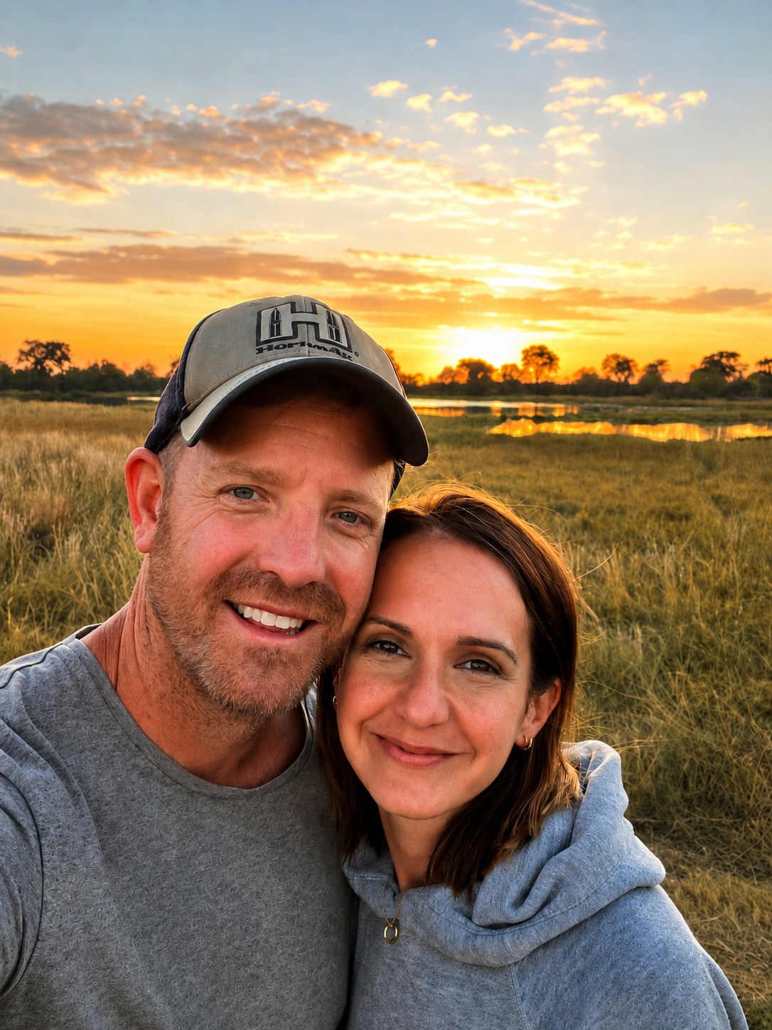 Close-up portrait of a smiling couple with a wide, open floodplain and a setting sun reflecting on water in the background of the Okavango Delta.
