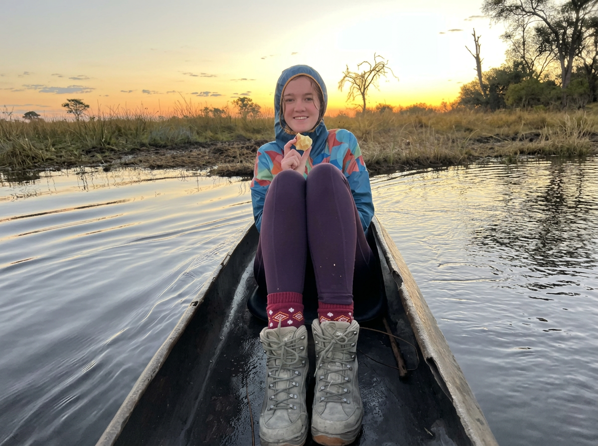 A guest sitting in a mokoro as the sun rises in the background in the Okavango Delta