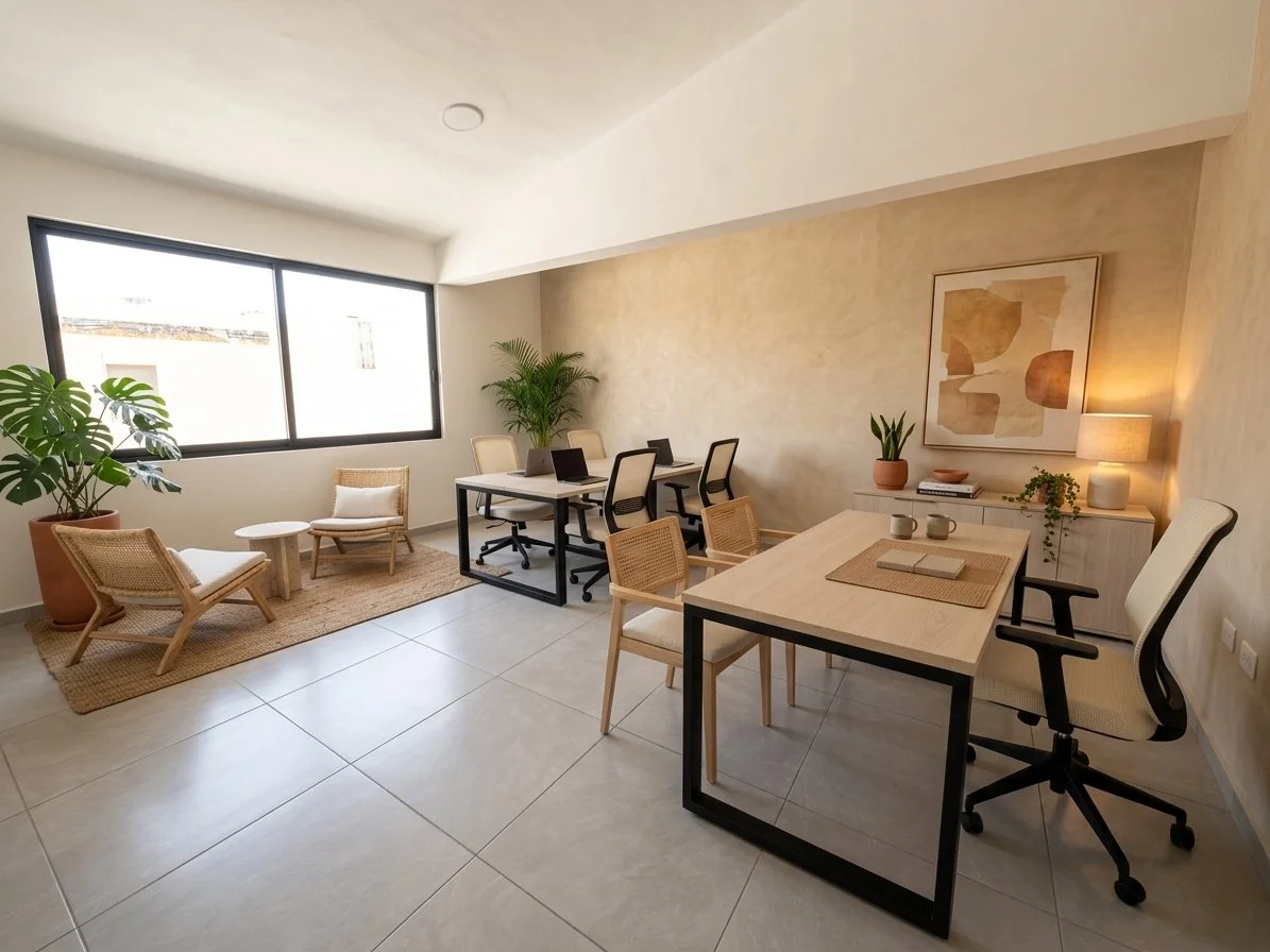 Sala de oficina moderna con mesa de trabajo, sillas ergonómicas, una pequeña área de descanso con sillones y plantas decorativas.