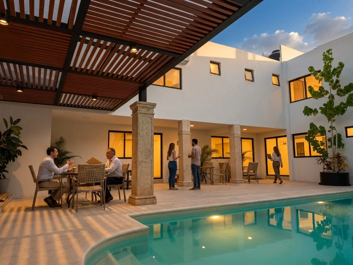 Personas trabajando en una terraza junto a una piscina en un edificio de oficinas moderno.