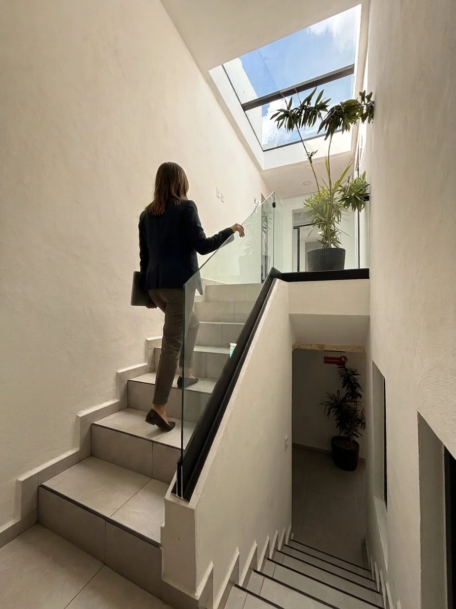 Una mujer con ropa formal subiendo una escalera interior en un edificio con paredes blancas, ventanas grandes con luz natural, y plantas decorativas en macetas.