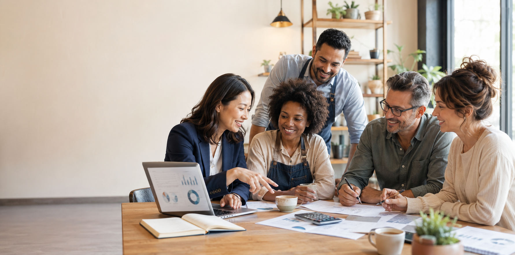 group of five diverse colleagues working together at a desk, discussing documents and data on laptop, with charts, papers, and coffee cups, in a bright modern office