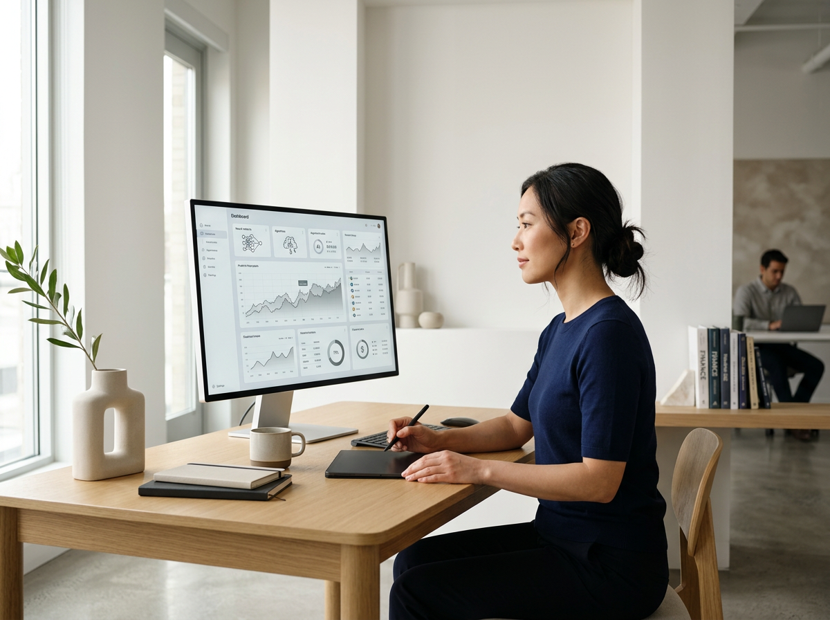 Woman working at a desk with a computer displaying data and graphs on a large monitor, with a man working in the background.