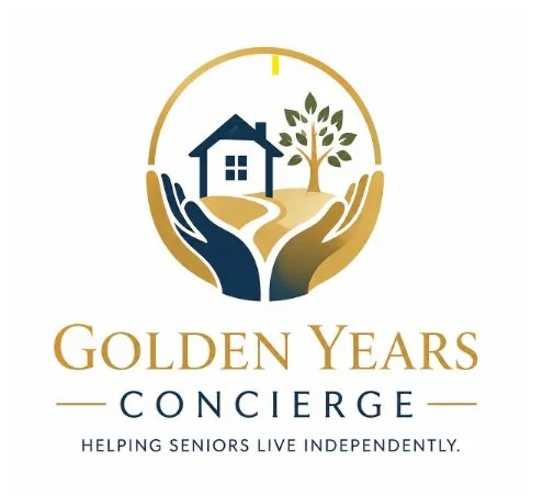 Logo for Golden Years Concierge featuring a house, tree, and hands, with the tagline "Helping seniors live independently."