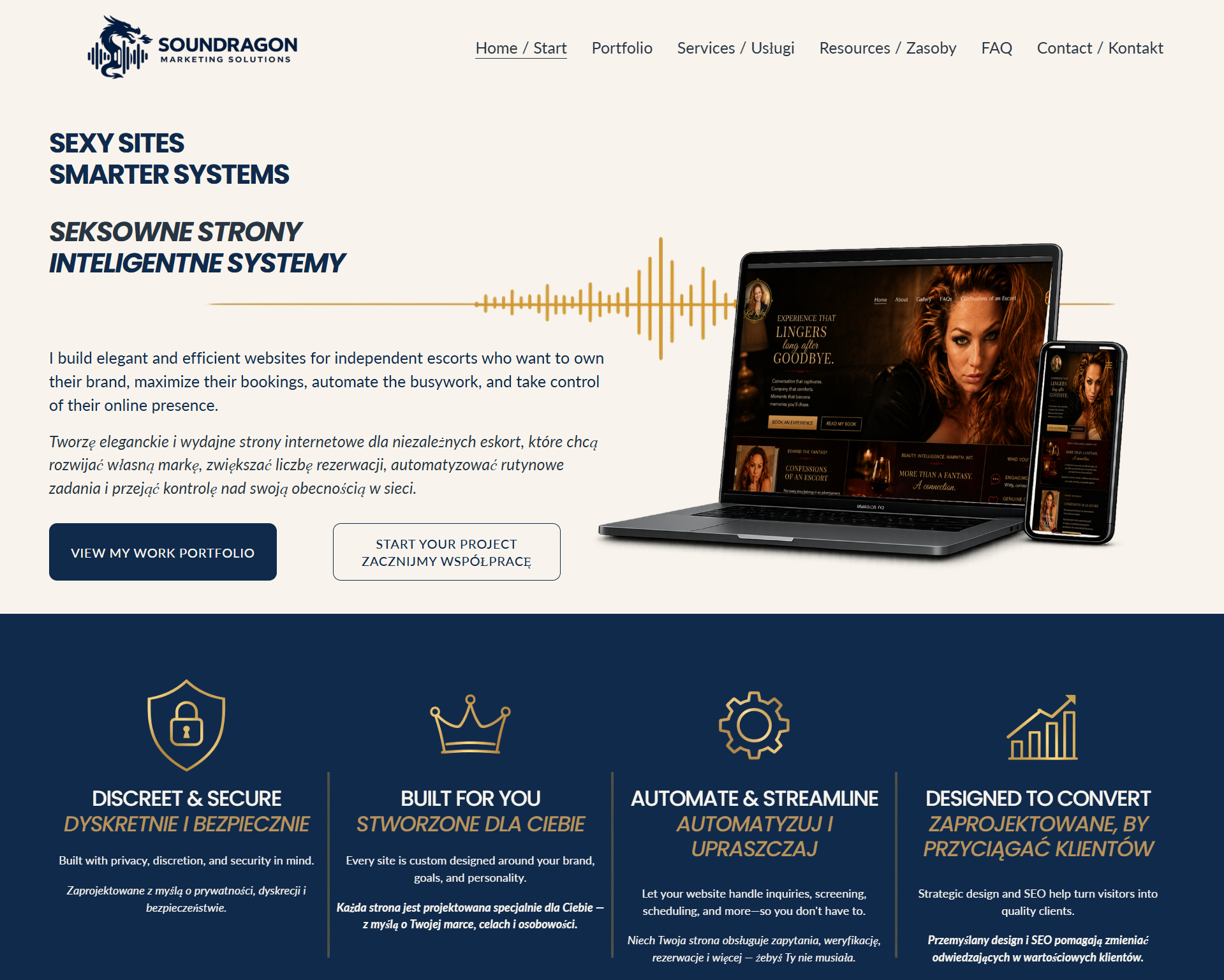 The webpage features the logo of SoundDragon Marketing Solutions, with a dragon icon, and text in English and Polish. It includes a navigation menu with links like Home, Portfolio, Services, Resources, FAQ, Contact. The main headline reads "Sexy Sites Smarter Systems" in bold, and a subheading explains building elegant, efficient websites for independent escorts to enhance their brand and online presence. The visual also shows a laptop and smartphone displaying a website for an escort service, with a soundwave graphic connecting the devices.