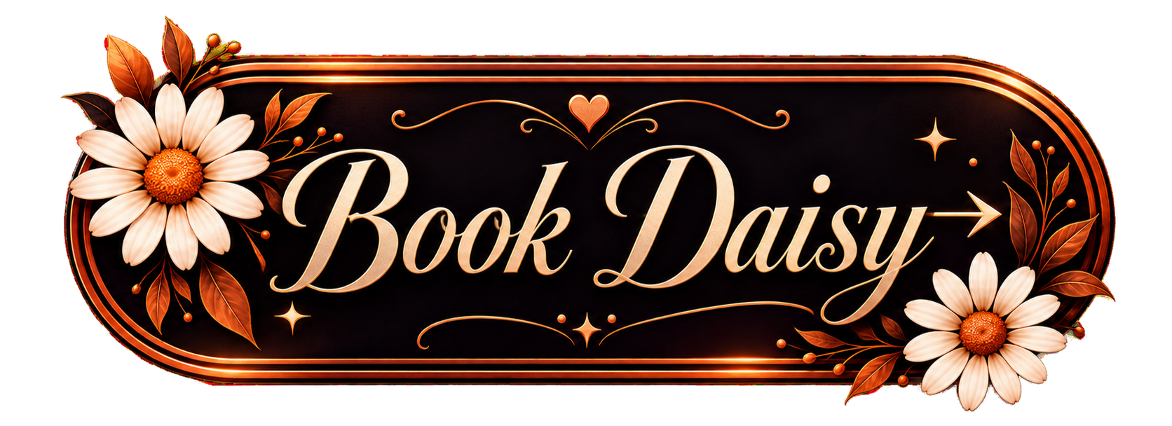 Decorative sign with the text 'Book Daisy' in cursive, surrounded by white daisies with brown centers, brown leaves, stars, a heart, and swirling lines on a black background.
