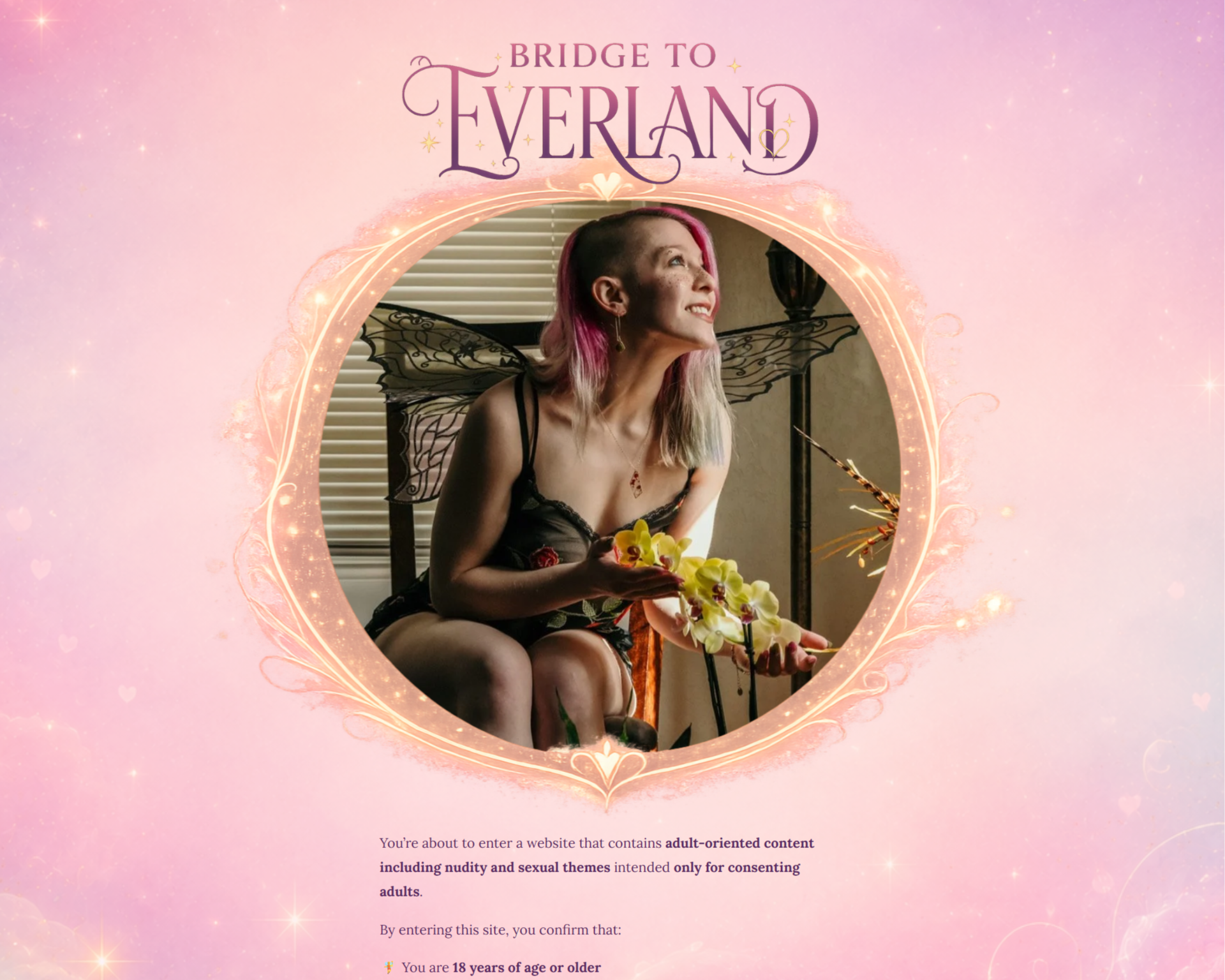 Website page with a circular photo of a woman with pink and blonde hair dressed in black, sitting indoors with a fantasy theme, fairy wings, yellow flowers, and a party hat. The page has pink background and decorative elements surrounding the photo, with a warning about adult content.