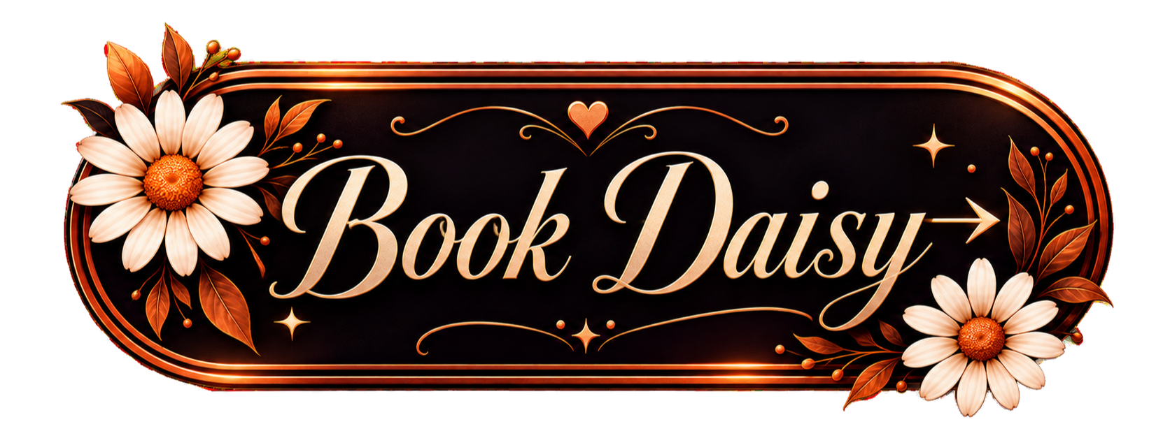 Decorative sign with the text 'Book Daisy' in elegant script, surrounded by white daisies, orange leaves, and small stars against a dark background.