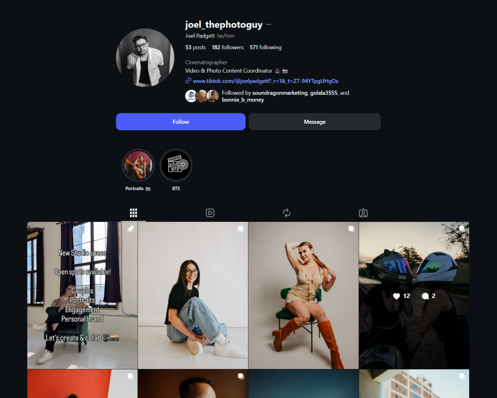 A screenshot of a social media profile page for Joel Padgett, displaying a profile picture, name, bio, and a grid of thumbnail images of people, equipment, and studio scenery.