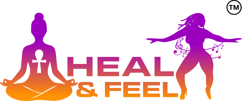 Silhouettes of two women, one meditating with an ankh symbol on her chest, and the other dancing with musical notes around her, with the text 'Heal & Feel' in pink and orange.